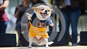 funny dog pug in clothes and sunglasses dancing in the studio on a black background