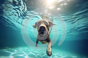 funny dog puppy fun snorkeling pool swimming vacation water underwater. Generative AI.