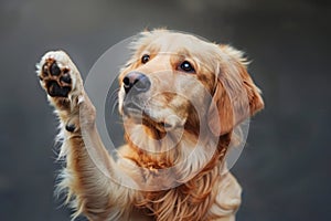 Funny dog with raised high paw showing high five gesture