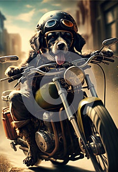 Funny dog rides a motorcycle. AI generated.