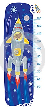 Funny dog in rocket. Meter wall or height chart