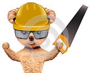 Funny dog with saw, hard hat and protective goggles