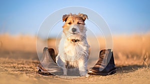 Funny dog sitting with shoes, puppy training banner