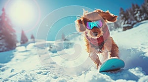 Funny dog snowboarder going down ski slope in winter, pet in mask rides snowboard with splash of snow powder. Concept of sport,