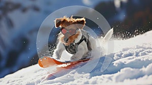 Funny dog snowboarder going down ski slope in winter, pet in sunglasses rides snowboard with splash of snow powder. Concept of