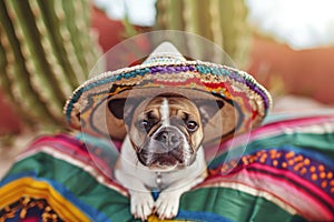 Funny dog in a straw sombrero hat on a bright colored background with cacti. Cinco de Mayo banner with pet
