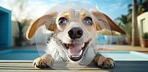 Funny dog on a street on the background of backyard and water pool