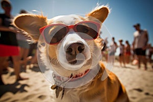 Funny dog with sun glasses at beach party. Generative AI