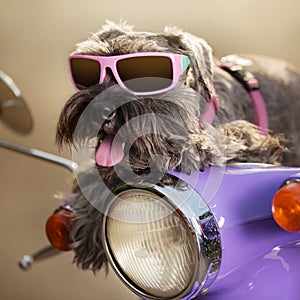 Funny dog, in sunglasses, as if riding fast on a lilac moped, with his tongue hanging out, concept, lifestyle