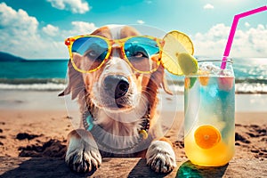 Funny dog with sunglasses and a cocktail in the beach. Generative AI