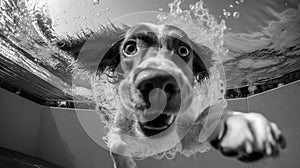 Funny dog swimming underwater in swimming pool. Black and white photo