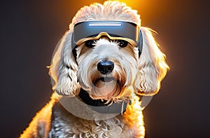 Funny dog with virtual reality glasses, neon background, humor