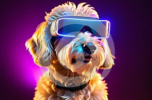 Funny dog with virtual reality glasses, neon background, humor