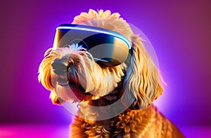 Funny dog with virtual reality glasses, neon background, humor