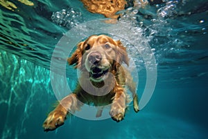 funny dog water fun vacation swimming underwater snorkeling puppy pool. Generative AI.