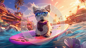 funny dog wave summer surfer ocean animal vacation beach puppy. Generative AI.