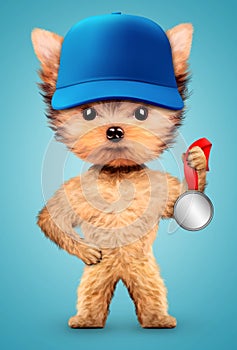 Funny dog wearing baseball cap with silver medal