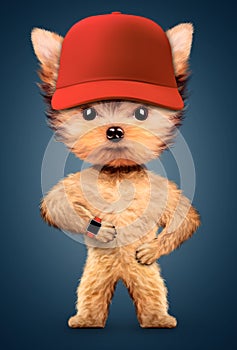Funny dog wearing baseball cap and smart watch