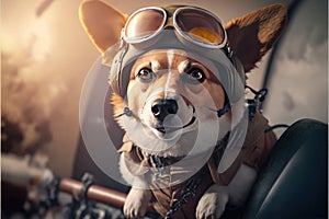 Funny dog wearing flying glasses or goggles on a dark background. Generative AI