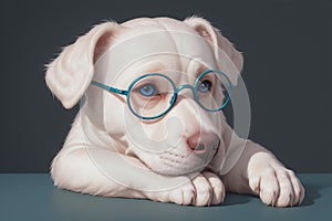 Funny dog wearing reading glasses on blue background. AI generative
