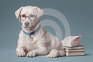 Funny dog wearing reading glasses on blue background. AI generative