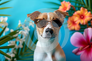 Funny dog wearing sunglasses on blue background with flowers. Summer and spring vacation and holiday