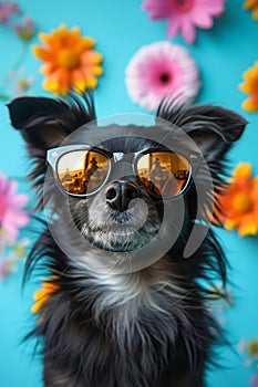 Funny dog wearing sunglasses on blue background with flowers. Summer and spring vacation and holiday