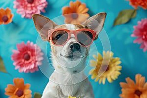 Funny dog wearing sunglasses on blue background with flowers. Summer and spring vacation and holiday