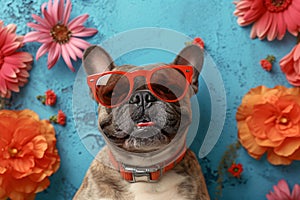 Funny dog wearing sunglasses on blue background with flowers. Summer and spring vacation and holiday