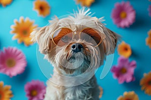 Funny dog wearing sunglasses on blue background with flowers. Summer and spring vacation and holiday