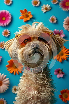 Funny dog wearing sunglasses on blue background with flowers. Summer and spring vacation and holiday