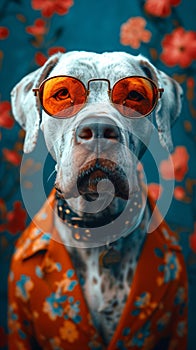 Funny dog wearing sunglasses on blue background with flowers. Summer and spring vacation and holiday
