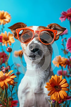 Funny dog wearing sunglasses on blue background with flowers. Summer and spring vacation and holiday