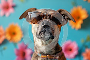 Funny dog wearing sunglasses on blue background with flowers. Summer and spring vacation and holiday