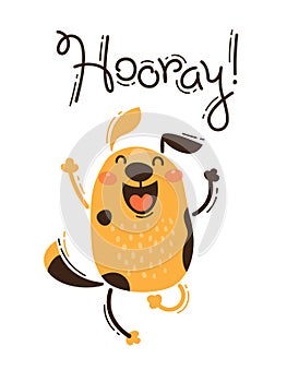 Funny dog yells Hooray. Vector illustration in cartoon style photo
