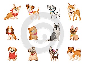 Funny dogs. Cute cartoon puppies different dog breeds set, corgi and husky, dalmatian and toy terrier, cute beagle