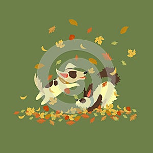 Funny dogs playing with autumn leaves