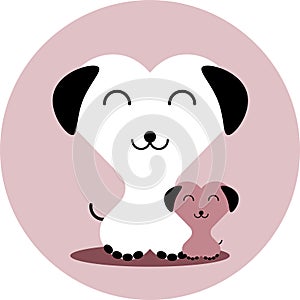 Funny dogs in the shape of a heart in cartoon flat style on a round logo background