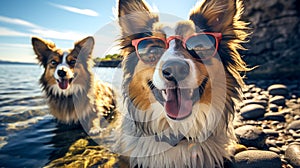 funny dogs in sunglasses on the beach in summer