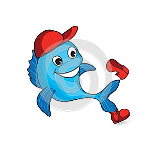 Funny dolphin cartoon. Fish sign. Seafood logo