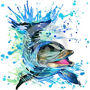 Funny dolphin with watercolor splash textured