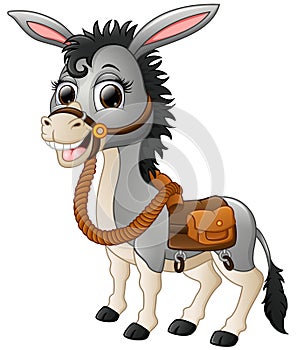 Funny donkey smiling with a saddle