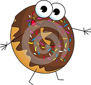 Funny donut character with chocolate glazing, cartoon style vector illustration isolated on white