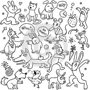 Funny Doodle Animals on White