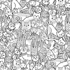 Funny doodle cats black and white seamless pattern. Coloring page for adults and kids