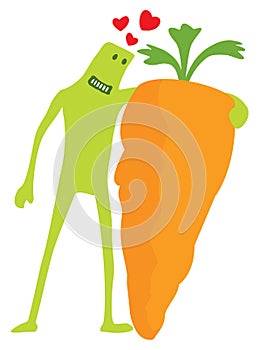 Funny doodle character in love with carrot