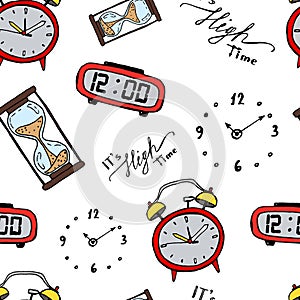 Funny doodle clocks vector seamless pattern design