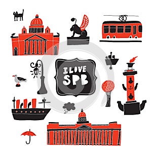 Funny doodle illustration of different petersburg famous attractions. Vector