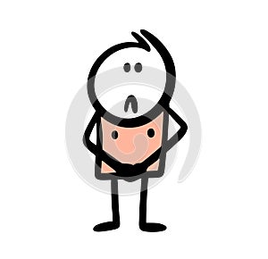 Funny doodle man without clothes ashamed covers up his body with hands.
