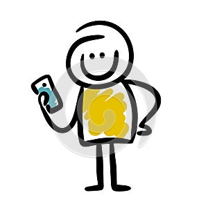 Funny doodle man looking in smartphone making selfy.